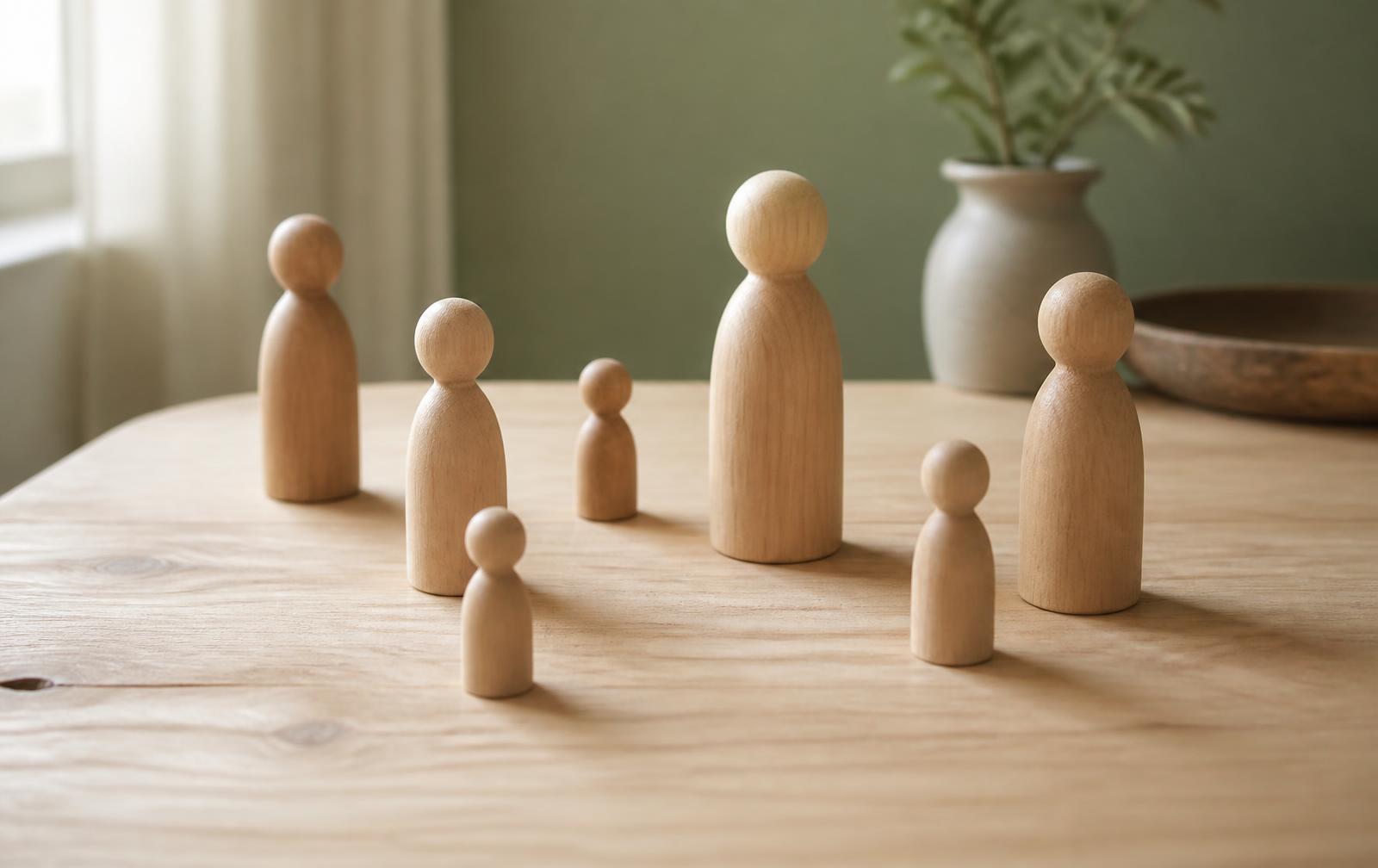 Kleine Holzfiguren, im Raum angeordnet, auf einem hellen Holztisch